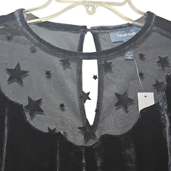 Modcloth Beyond The Shade Of Night Velvet Sheer Star Dress Small New Black Dark - Picture 4 of 10